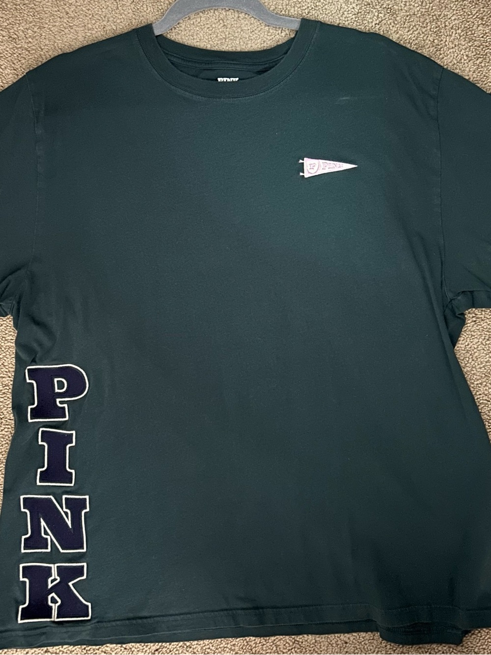 PINK Victoria's Secret Dark Green Short Sleeve Tee with Embroidered Accents
